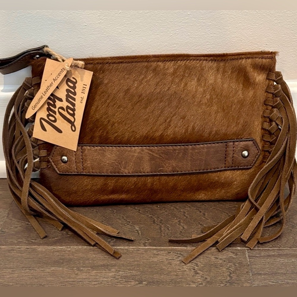 Tony Lama Genuine Leather accents,hair hide, fringe,zip top & interior,3 card